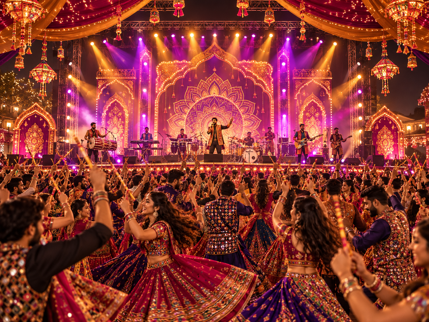 Festive stage and audience under bright concert lights